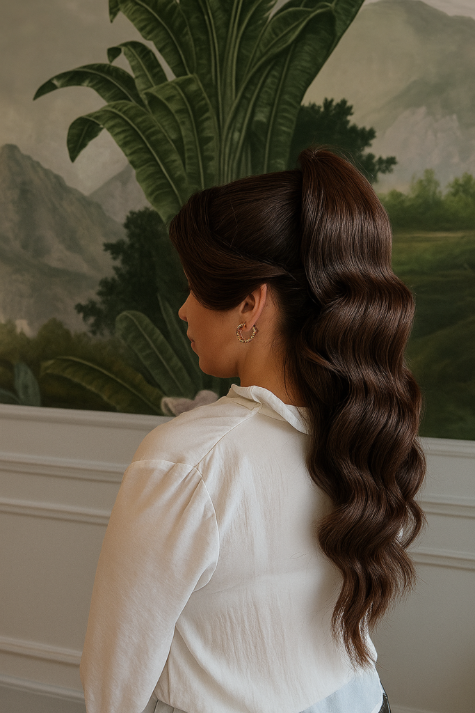  Elegancka fryzura na wesele dla gościa: wysoki, pofalowany kucyk w stylu glamour, wykonany przez specjalistów Maniewski.